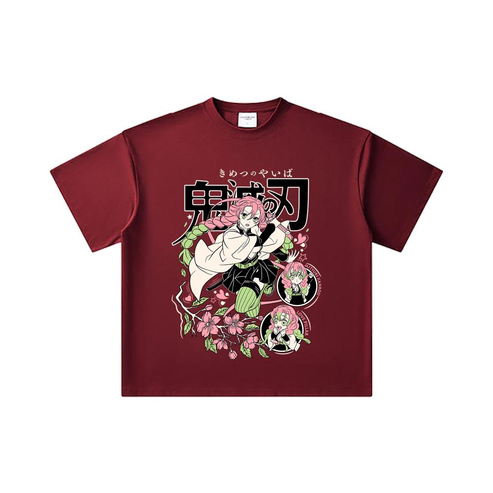 260 GSM Doppeltgarn 32er Zählung 100% Baumwolle Demon Slayer V6 Mitsuri Print Unisex Schweres Baumwoll-T-Shirt