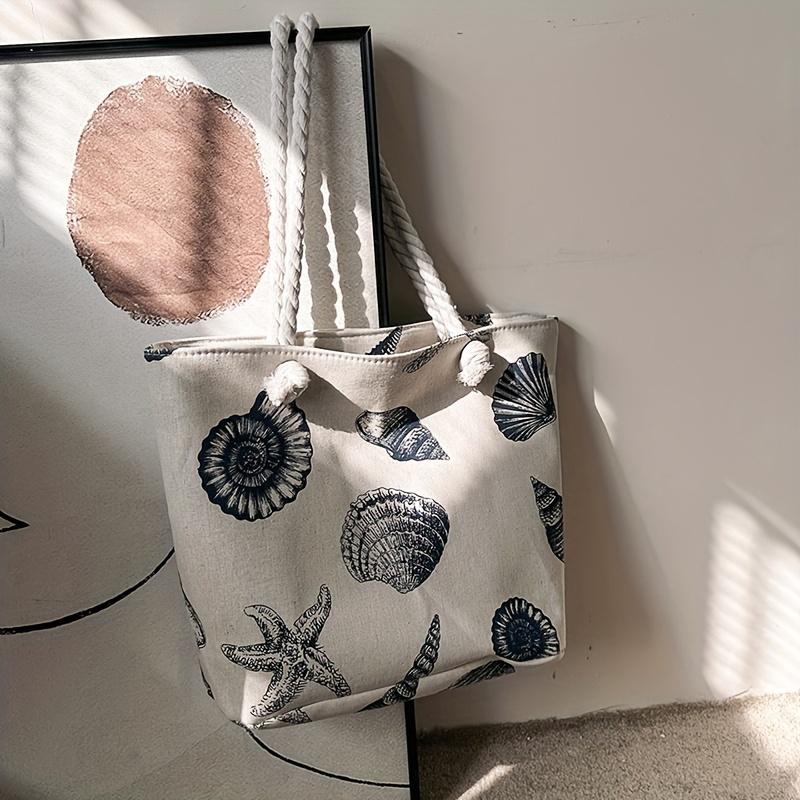 Shell Pattern Canvas Tote Bag, Marine Life Pattern Travel Beach Bag, Lightweight Summer Vacation