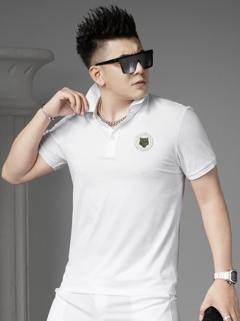 European Goods High end Tiger Head Hot Drilling Lapel Short sleeve T-shirt Summer New Men's Top Fashion Brand Half Sleeve Polo Shirt