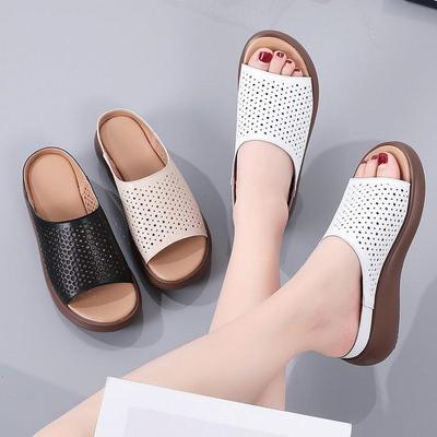 Soft Leather Hole Shoes Women's Summer Hollow Out Slippers Casual Sponge Cake Shoes Retro Outer Wear Women's Thick Sole Slippers