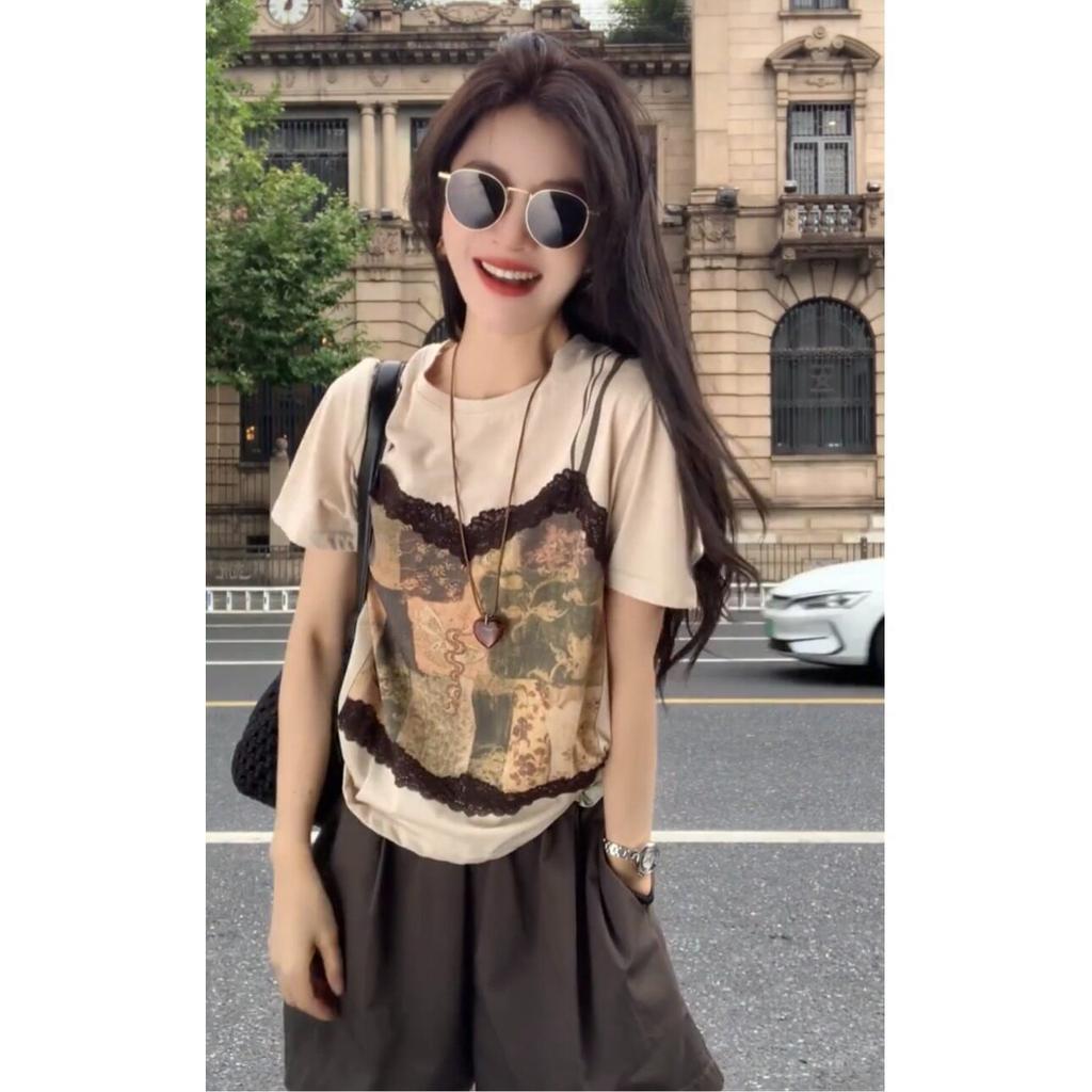 Korean chic chic fake two-piece front shoulder short-sleeved T-shirt for women's summer unique beautiful and good-looking slim top