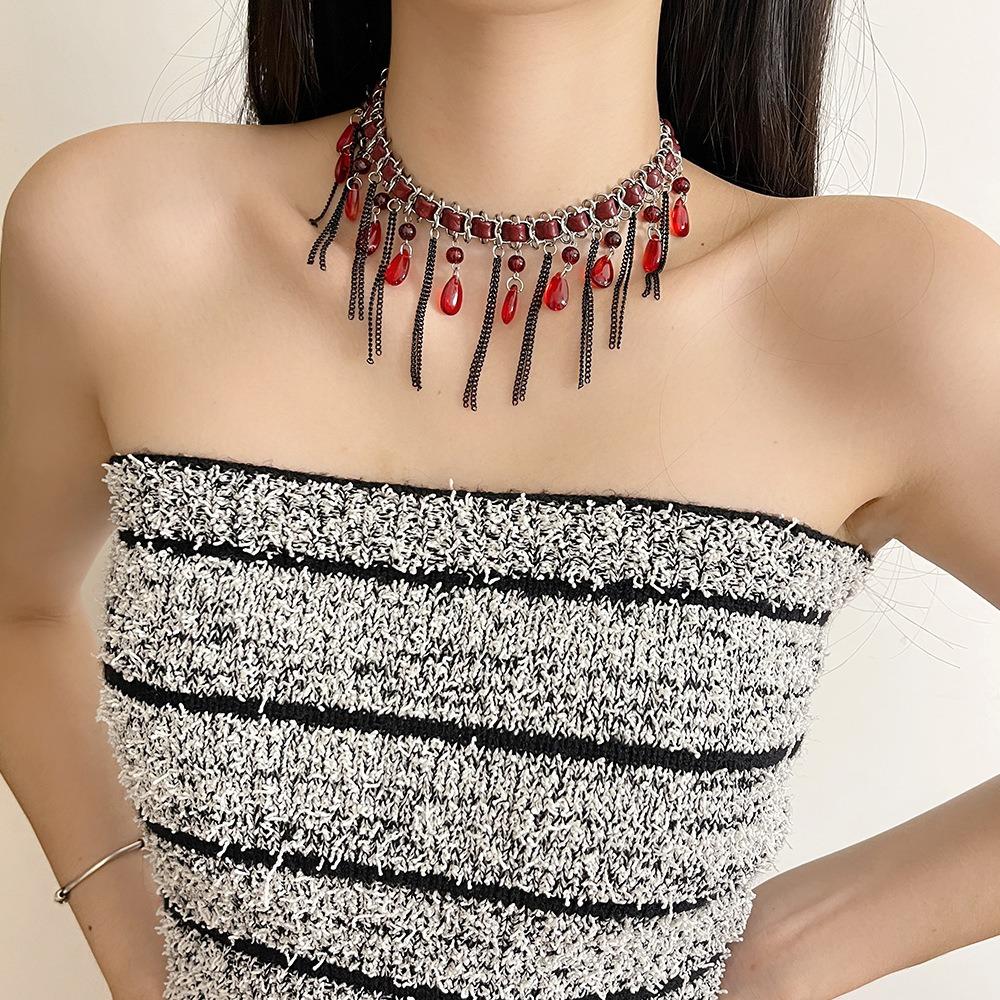 Vintage Tassel Beads Necklace Gothic Clavicle Chain Trendy Beaded Choker  Women