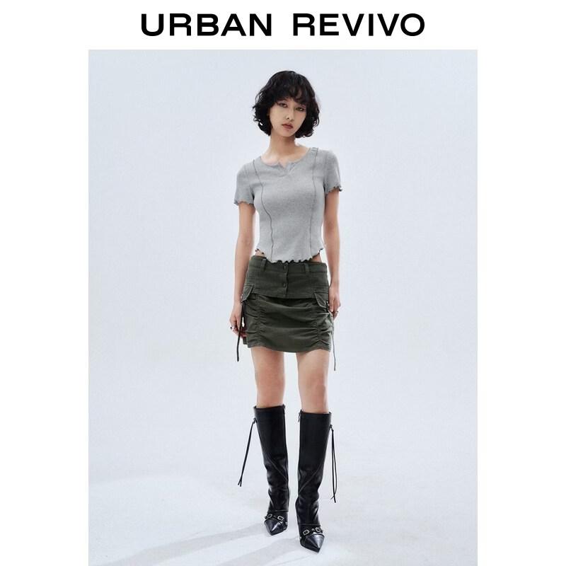 UR2026 Women s Textured Ruffle Trim Slim-Fit T-Shirt S