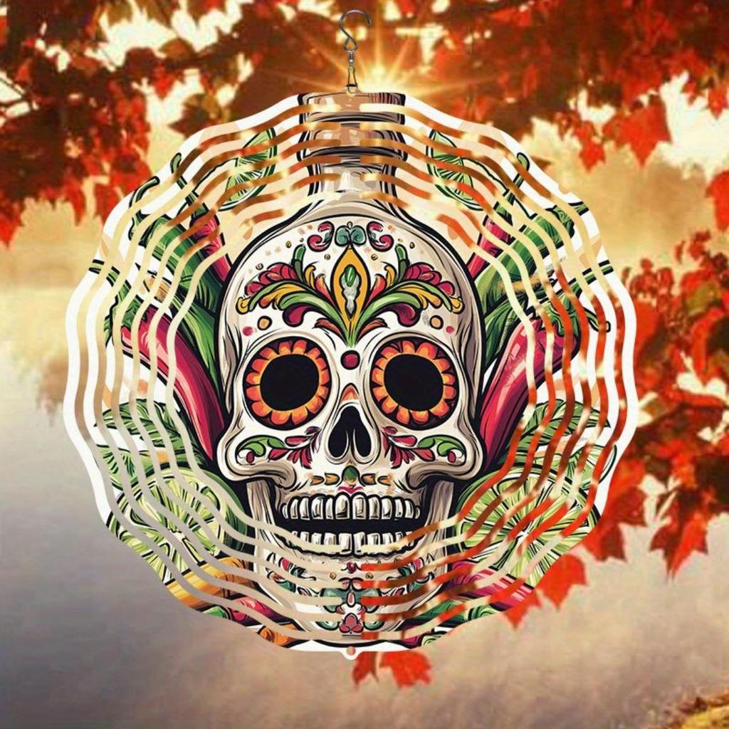 Day of the Dead Skull Metal Wind Chime Outdoor Hanging Decor with Vibrant Floral Patterns 360 Rotating Hook for Garden Patio Yard