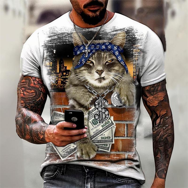 

Hip Hop Cool Cat Vintage T-shirt Men s Clothing Street Personality Y2k Short Sleeve T Shirts Summer Leisure Daily Fashion Top S