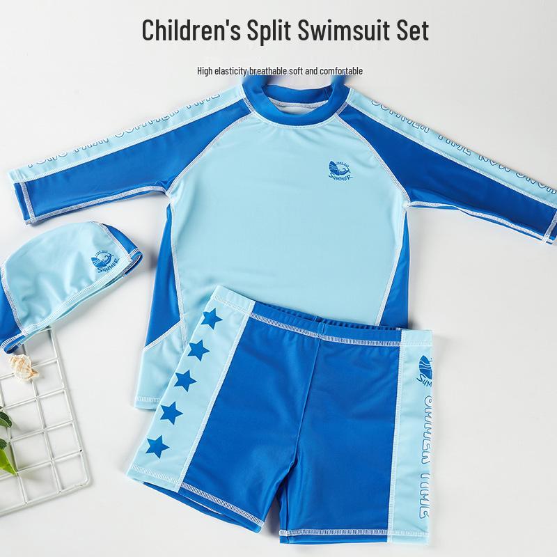 

Детский комплект купальника из двух частей с длинными рукавами и защитой от солнца - быстросохнущая купальная одежда для мальчиков и девочек с юбкой для плавания и плавками. 125-135 cm, 50-60 jin (8-9 years)
