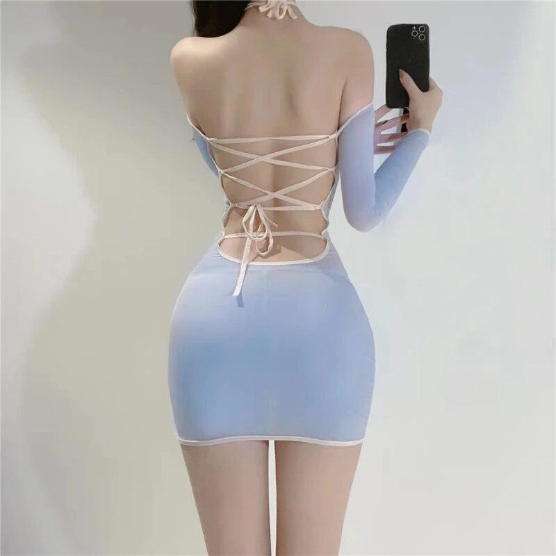 Mini rochie scobită Micro MINI Bandaj uniformă netedă sexy rochie de servitoare mini rochie fără spate Rochie erotică fantezie