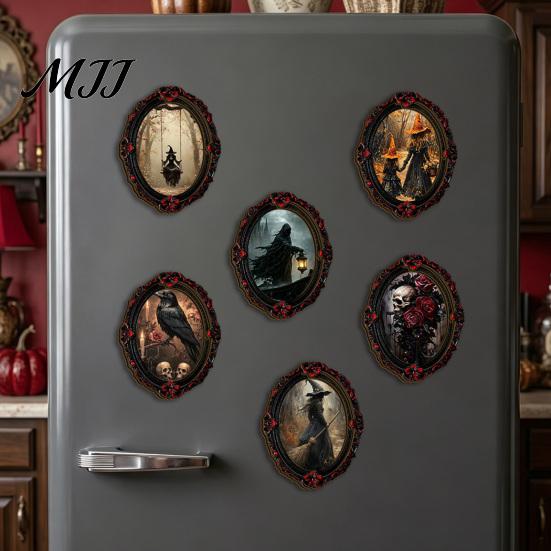 Small Halloween Scene Props Magnetic Fridge Magnet, Ghost Witch Photo Frame, Wooden Metal Cabinet Seasonal Ornaments Frame Decoration, Vintage