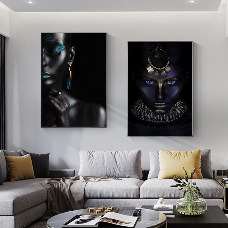 Afrikanische schwarze Frauen-Portrait-Kunst-Poster und Drucke auf Leinwand, Malerei, Make-up, weibliche Wandkunst, Bild für Wohnzimmer, Heimdekoration