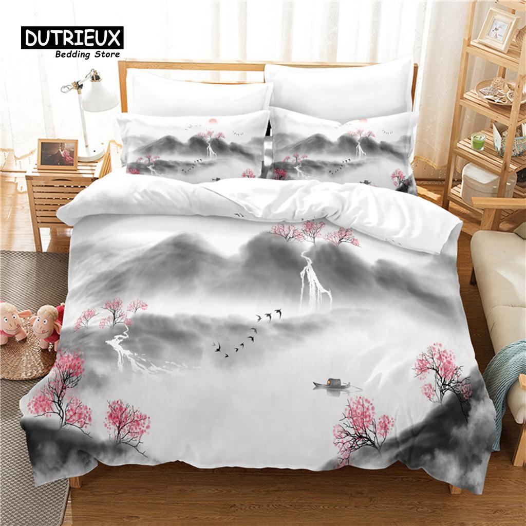 Chinese Brush Painting Bedding Set, 3Pcs Duvet Cover Set, Soft Comfortable Breathable Duvet Cover, For Bedroom Guest Room Decor