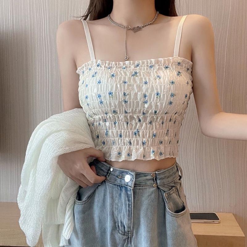 Summer Floral Suspender Women with Chest Pad Chic Small Interior Design Feeling Pleated Top