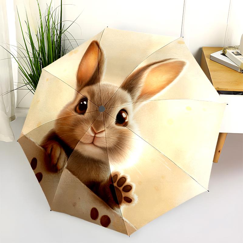 Motivo con conigli, ombrello pieghevole automatico, design portatile e pieghevole, 8 stecche, un regalo di Natale o di compleanno.