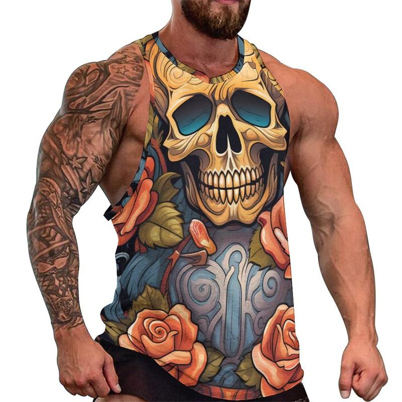 Summer Round Neck 3D Fashion Skull Printed Top Fashionable Casual Hip-hop Sleeveless Vest Men's T-shirts
