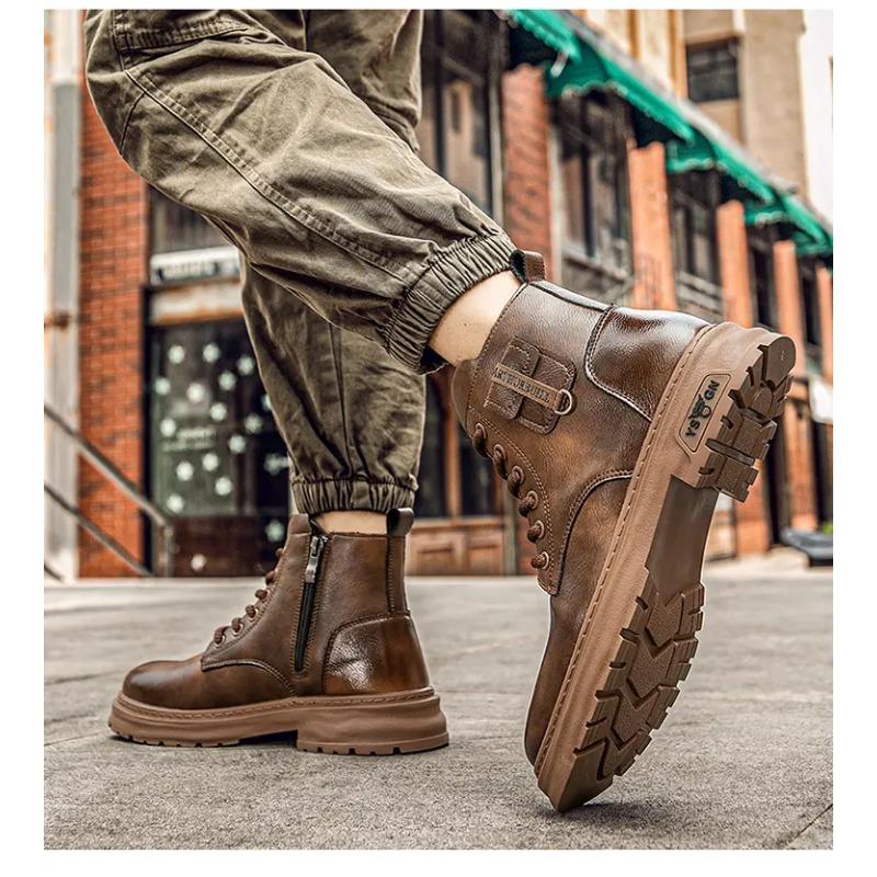 Botas de Cano Curto de Couro Estilo Britânico com Cadarço Botas Masculinas Botas Clássicas de Motociclista Sapatos Masculinos de Cano Alto
