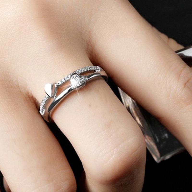 Fashion Ladies Crystal Love Heart Adjustable Open Rings Jewelry