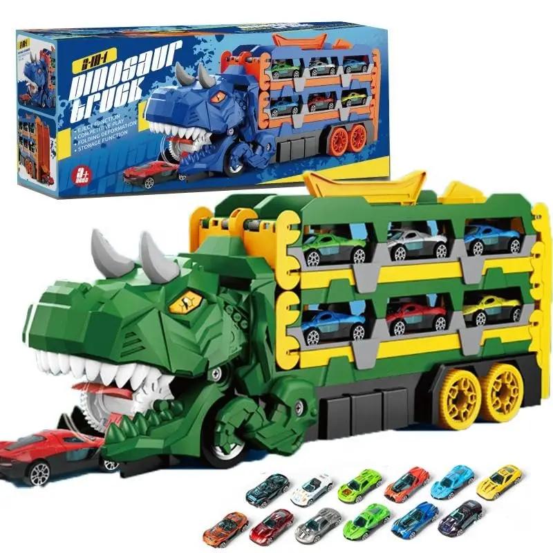 Boy Toy Transformed Catapult Toy Car Plastic Dinosaur Swallowing Car Long Racing Double Track Foldable Truck & Rebound Alloy Car