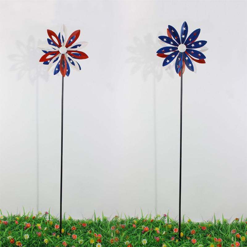 Metal Windmill Feature With Bright Red And Dark Blue Blades Great For Garden Landscape Lawn Yard And Deck Enhancement