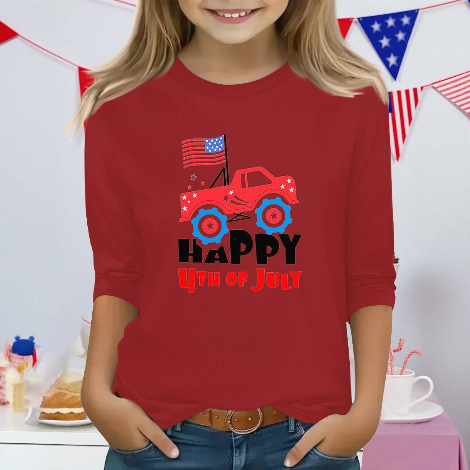 

Print Tops For Youth Girls Round Neck 3/4 Sleeves T-Shirts Trendy Tops Outfit Tees 120