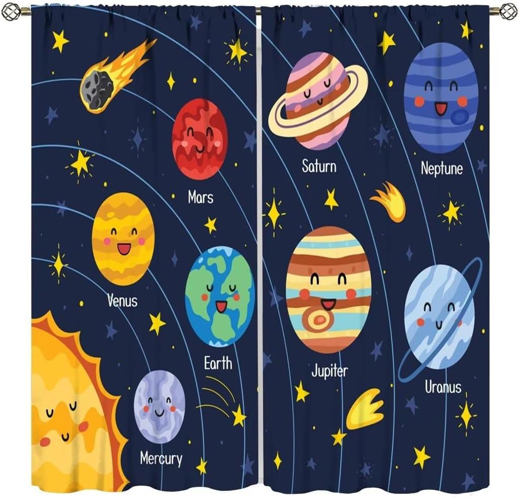 Kids Outer Space Rocket Curtains Cartoon Universe Galaxy Starry Sky Cosmos Boys Girls Study Room Bedroom Curtain For Master Made Of Polyester