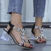 Women's Plus Size Square Toe Sandals, Rhinestone Butterfly Decor Transparent Crystal Chunky Heel Elegant Daily Footwear
