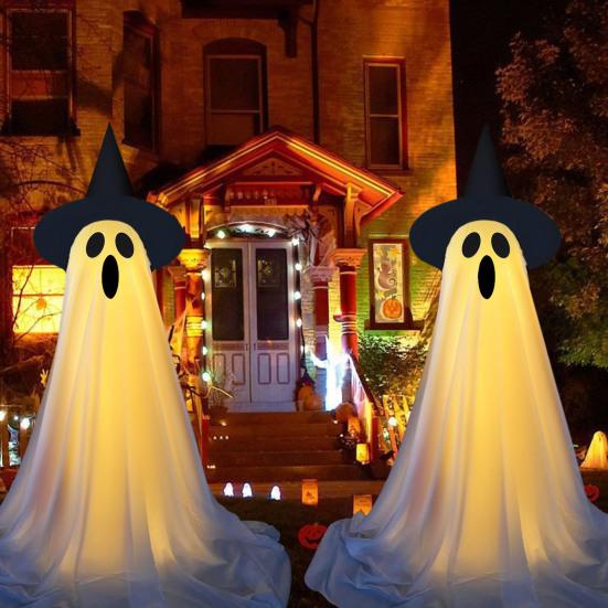 Yousheng Halloween Ghost Decoration Outdoor Standing Ghost with Witch Hat Light Up Spooky White Cloth Ghost for Porch Yard Garden Lawn Decor