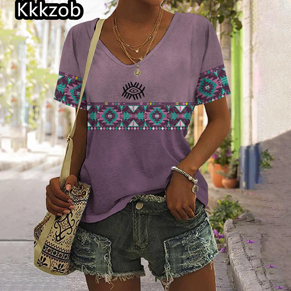 2025 Vintage Shirt for Women Totem Printed Ethnic Style Women's Clothing Summer Casual Short Sleeved Tops Tees Oversized T-Shirt