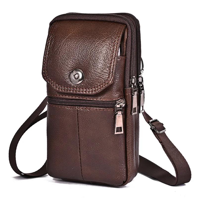 

Practical Men Leather Waist Bag Large Capacity Belt Brown Shoulder Bags Crossbody Multi-layer Buckle Mobile Phone Bum Pouch кавовий