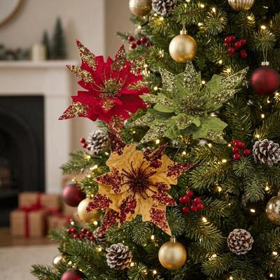 Flannel Artificial Christmas Flower Realistic Sequined Xmas Poinsettia Ornament DIY Craft Simulation Glitter Flower Holiday