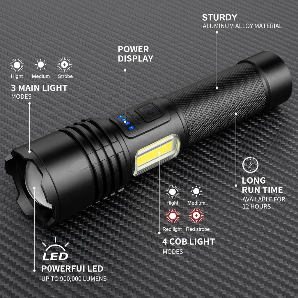 Rechargeable Flashlights High Lumens 2 Packs, 990000 Lumens Super Bright LED Flashlight with 7 Modes & Waterproof, Powerful Flash Light for Home