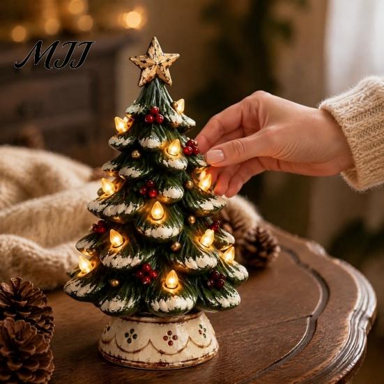 Decorative Resin Crafts Lighted Christmas Tree Decoration, Tabletop Xmas with Warm LED Nostalgic Winter Ornaments Lights, Battery Operated Holiday