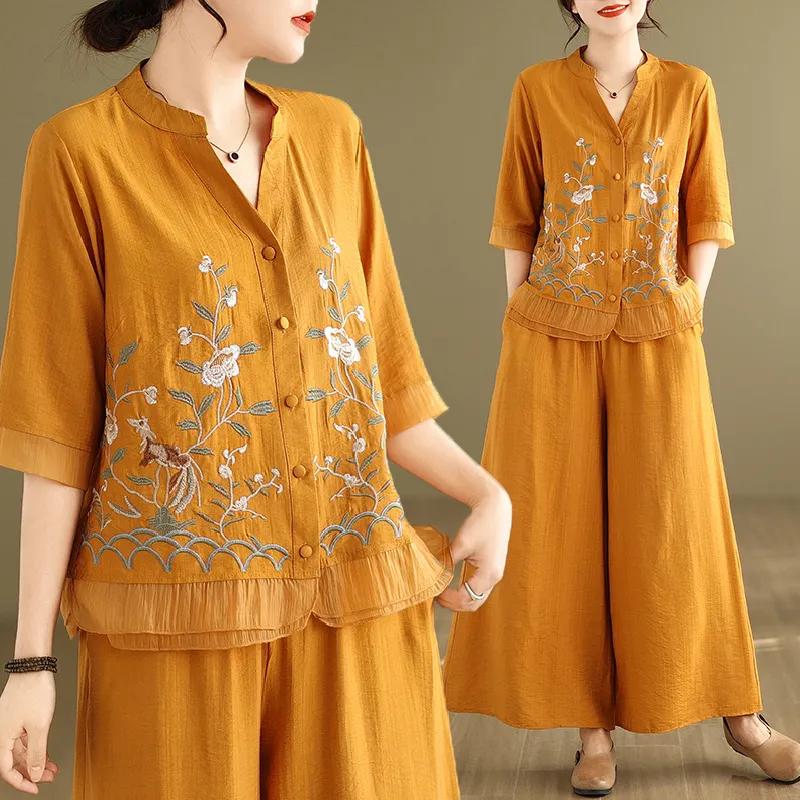 Spring Summer 2 Two Piece Set Women Floral Embroidery Fashion Ladies Blouses Elastic Waist Fashion Loose Pleated Woman Wide Leg Pants