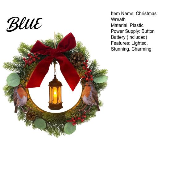 Plump Simulated Pine Branch Wreath Lighted Bird Christmas with Lantern Rustic Artificial Velvet Bow Indoor Outdoor Winter Festive Ornaments