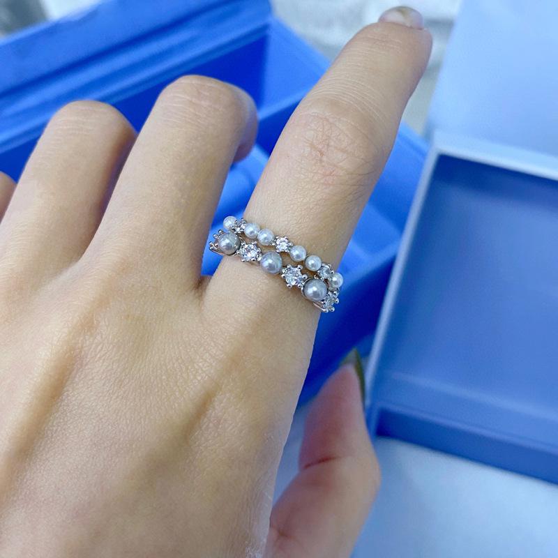 Howfang Bubble Double Layer Pearl & Zircon Sterling Silver Ring - Women's Light Luxury I-Shaped Index Finger Jewelry.