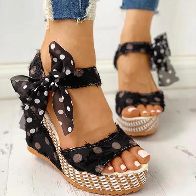 Sandalen Damen Plateau Keilabsatz Sandalen Mode Baumwollstoff Punkte Schnürschuhe Schuhe 2024 Sommersandalen