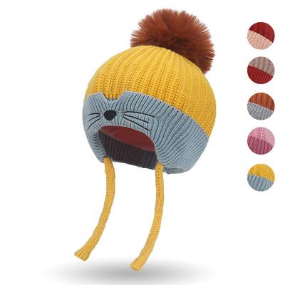 Cute Winter Warm Knitted Baby Beanies Hat New Autumn Kids Girls Boys Cartoon Cat Caps Knitting Hats Cute Furry Ball Toddler Cap