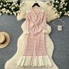 Autumn Winter Women Casual V-neck Three Quarter Sleeve Striped Knitted Sweater Long Midi Fishtail Dresses