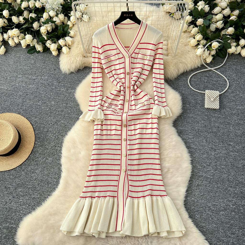 Autumn Winter Women Casual V-neck Three Quarter Sleeve Striped Knitted Sweater Long Midi Fishtail Dresses