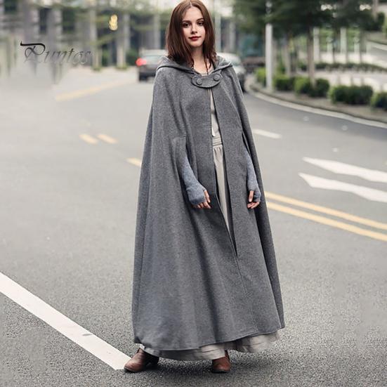 Winter Women Jacket with Hood Medieval Retro Cape Gothic Keep Warm Shawl Ankle Length Loose Cloak Thick Single-Button Closure Outdoor Poncho Pirate