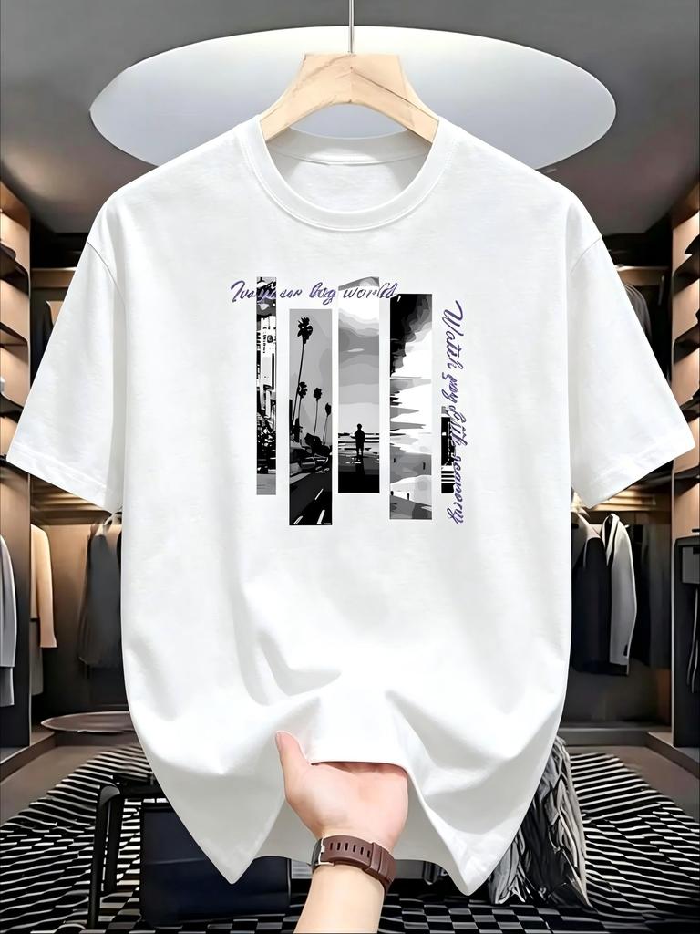 Fashionable Unisexs Summer Retro City Landscape Print Soft And Breathable Round Neck Tshirt Machine Washable Outdoor Casual Top