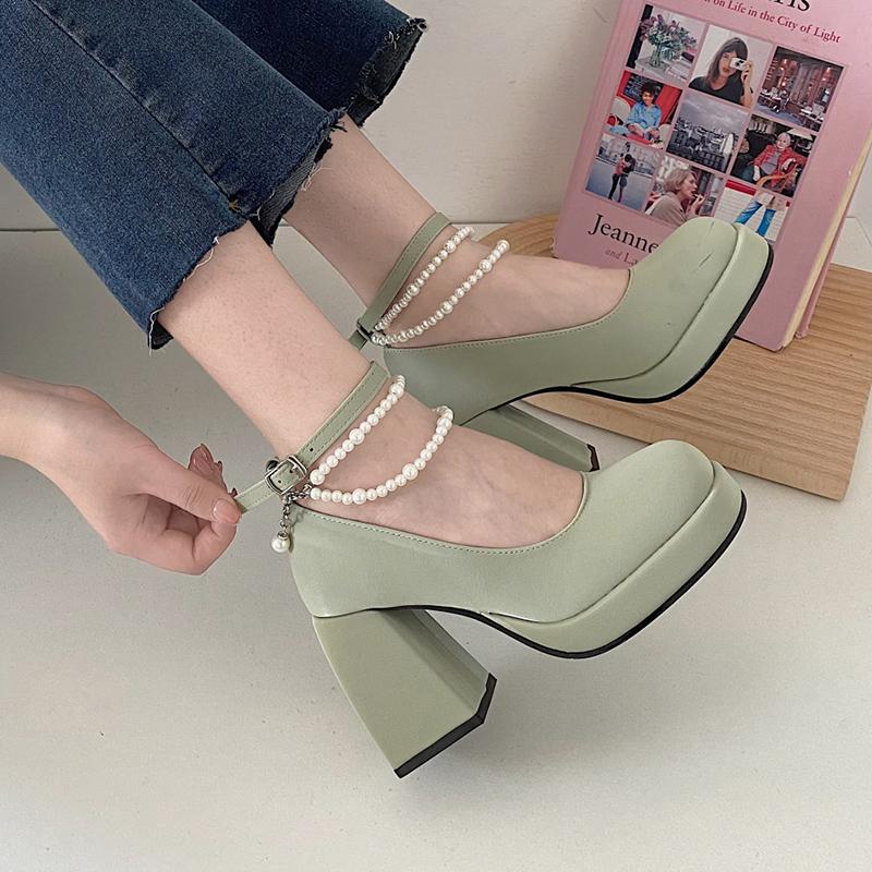 Vintage High Heels Mary Jane Shoes for Women 2024 Patent Leather Platform Pumps Woman Pearls Chain Thick-Heeled Shoes Female