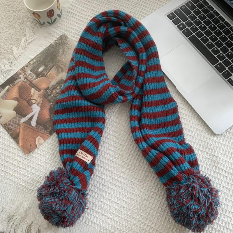 Winter Women Warm Stripe Scarf Knit Spring Thick Warm Winter Ball Ball Scarves Winter Casual Warmer Women Scarves For Women