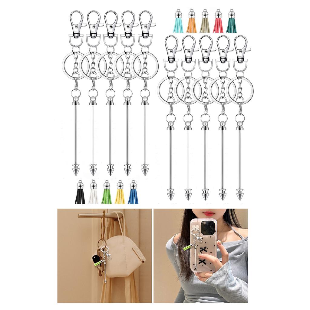 Pack of 10 Colorful Beaded Keychain Blanks Multicolored Beaded Keychain Rod Blanks for Designing Keychain Charm