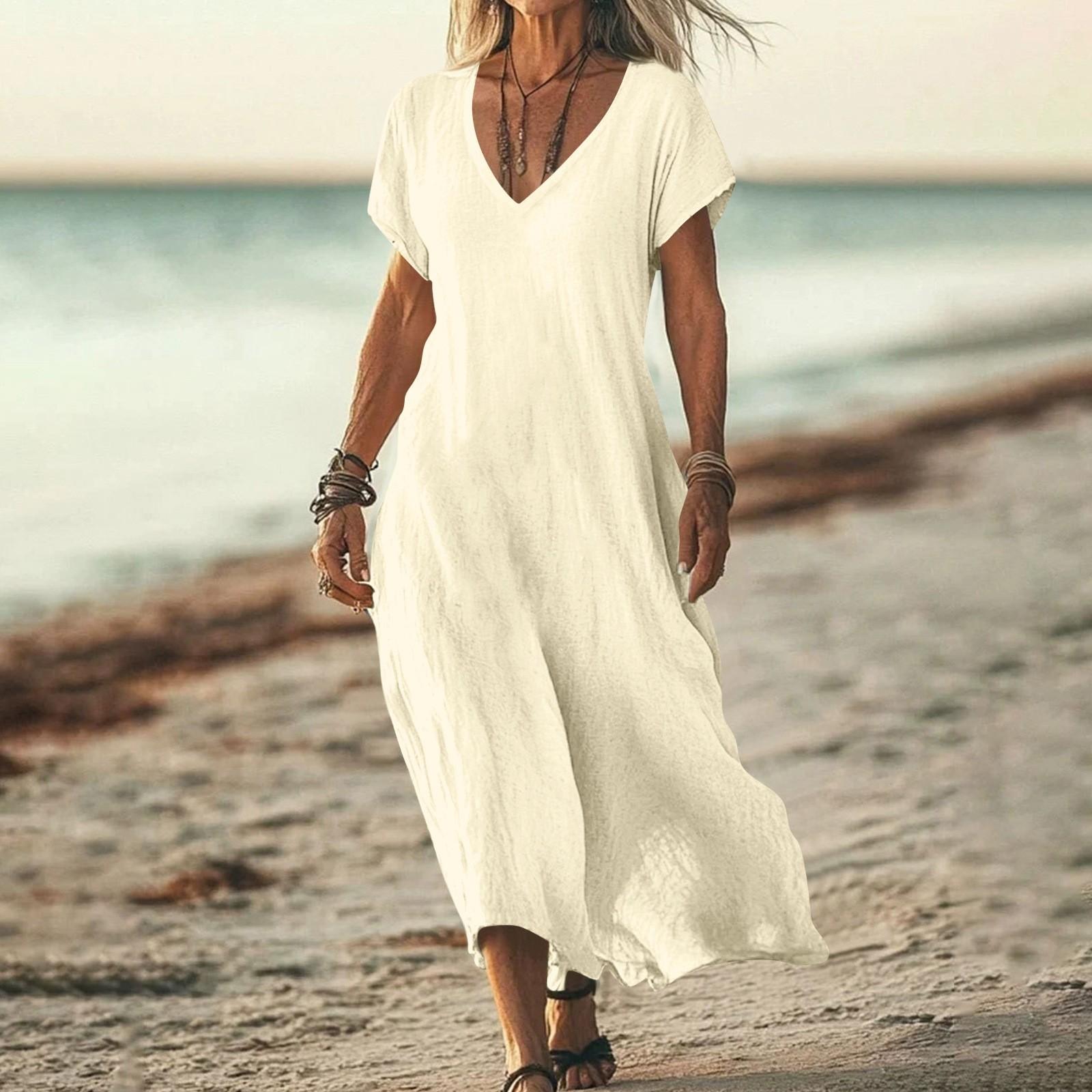 

Модное женское цветное длинное платье с V-образным вырезом свободного кроя S бежевый