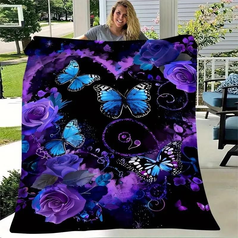Soft Flannel Blanket with Purple Roses, Heart Garland and Blue Butterfly Pattern - Perfect for the Living Room, Bedroom, Travel
