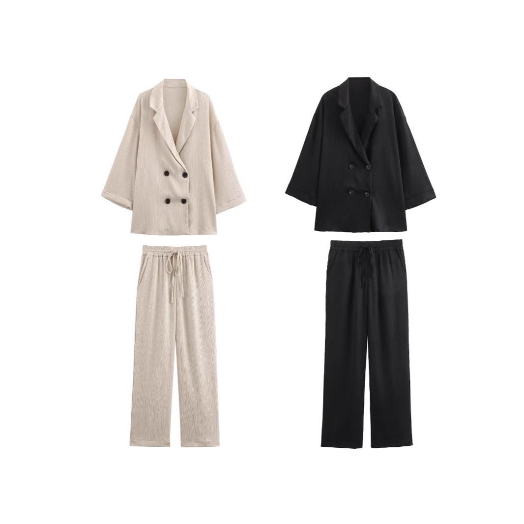 

Women s Casual Crinkle Double-Breasted Blazer + High-Waisted Long Pants Extra Small