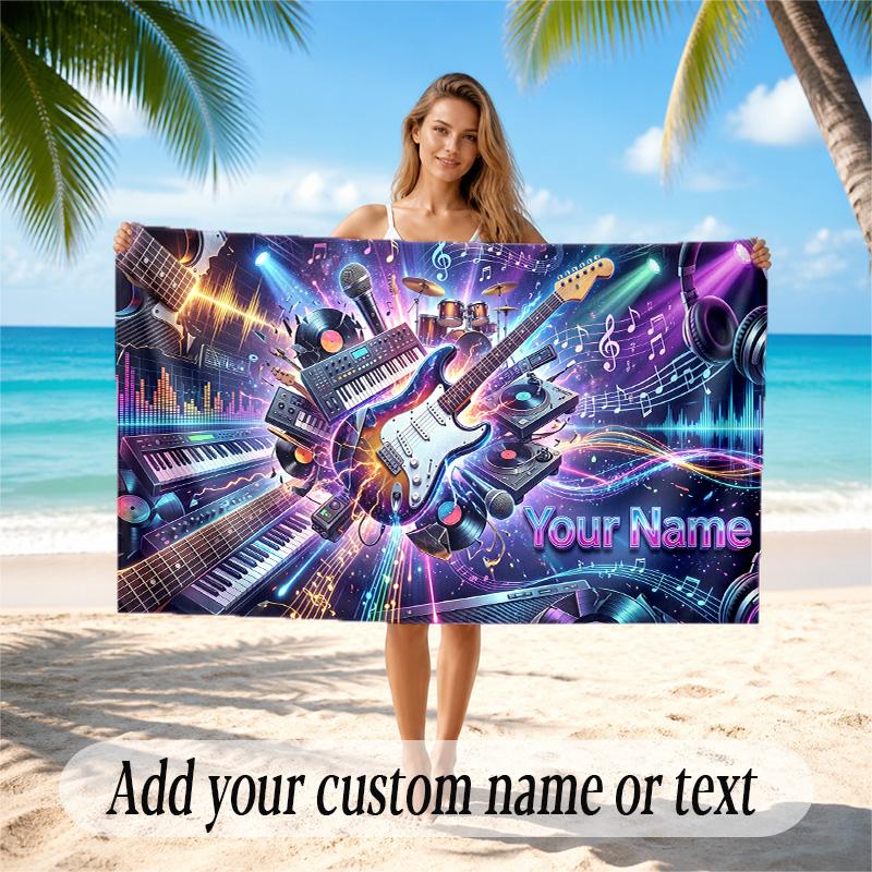 Music Theme Quick Dry Beach Towel Custom Name Text Print Large Sand Resistant Towel Beach Vacation