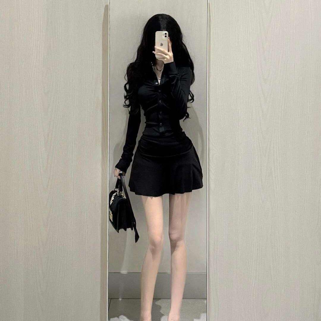 

Women s Black Pleated Long Sleeve Shirt Dress - Winter 2026 Slim Fit Waist Cinched A-line Short Skirt S [80-95 lbs]