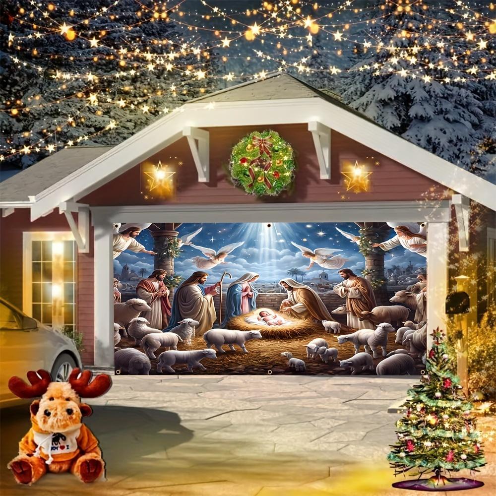 Easter and Christmas Carport Banner, Durable Polyester, Decorated with Patterns of Jesus' Birth, Angels and Sheep