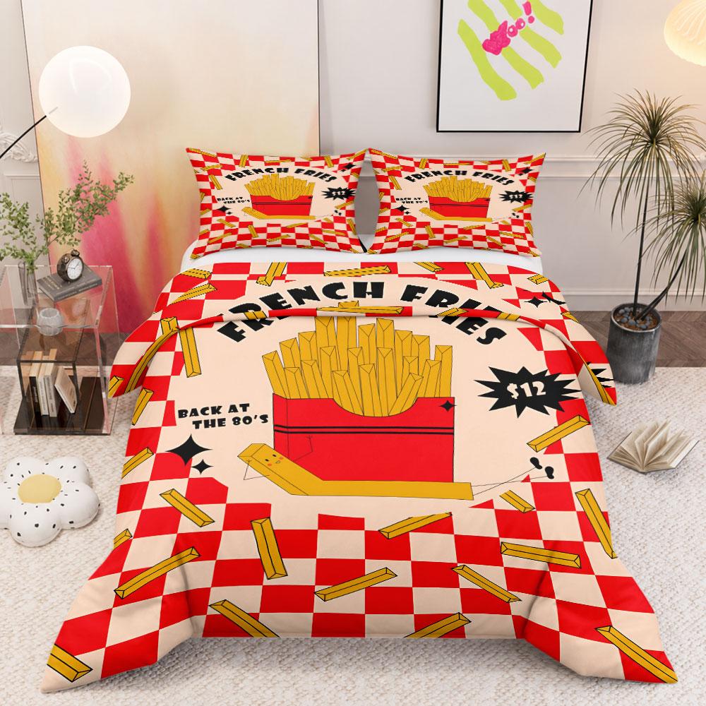 Artistic French Fries Retro Diner Red Bedding Set, Fashion Duvet Cover for Stylish Bedroom, Soft Cotton Feel Duvet Cover