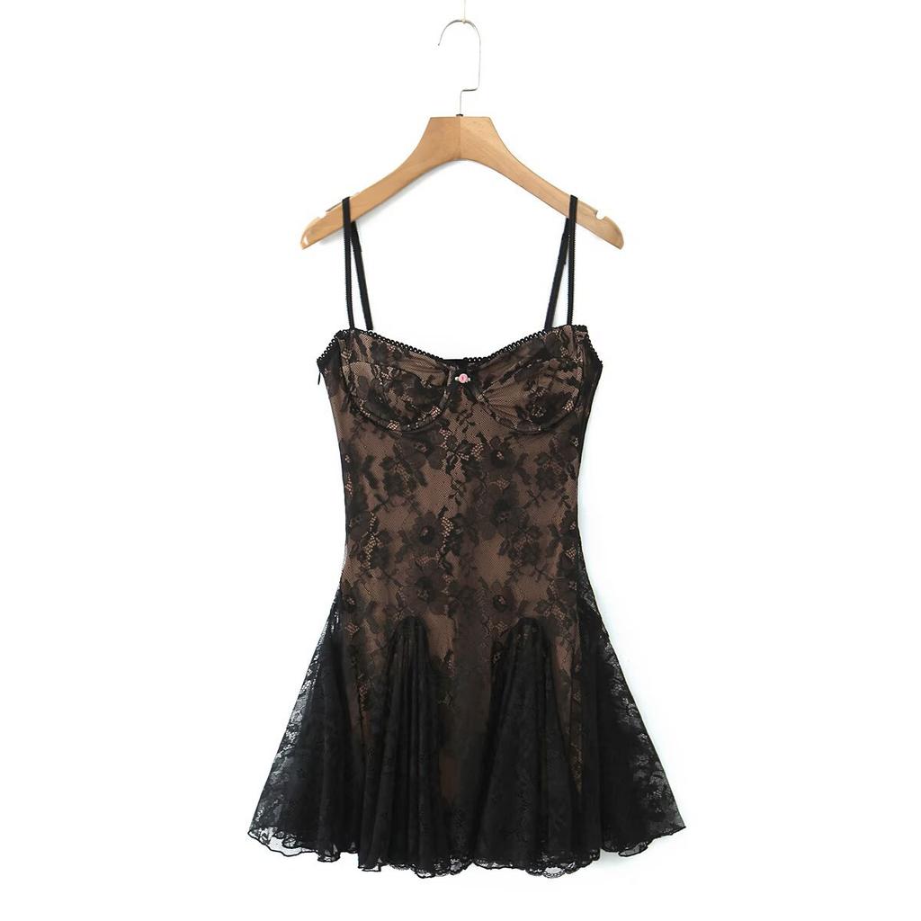 American retro niche sexy lace perspective suspender mini skirt women's spring and summer new backless dress short skirt